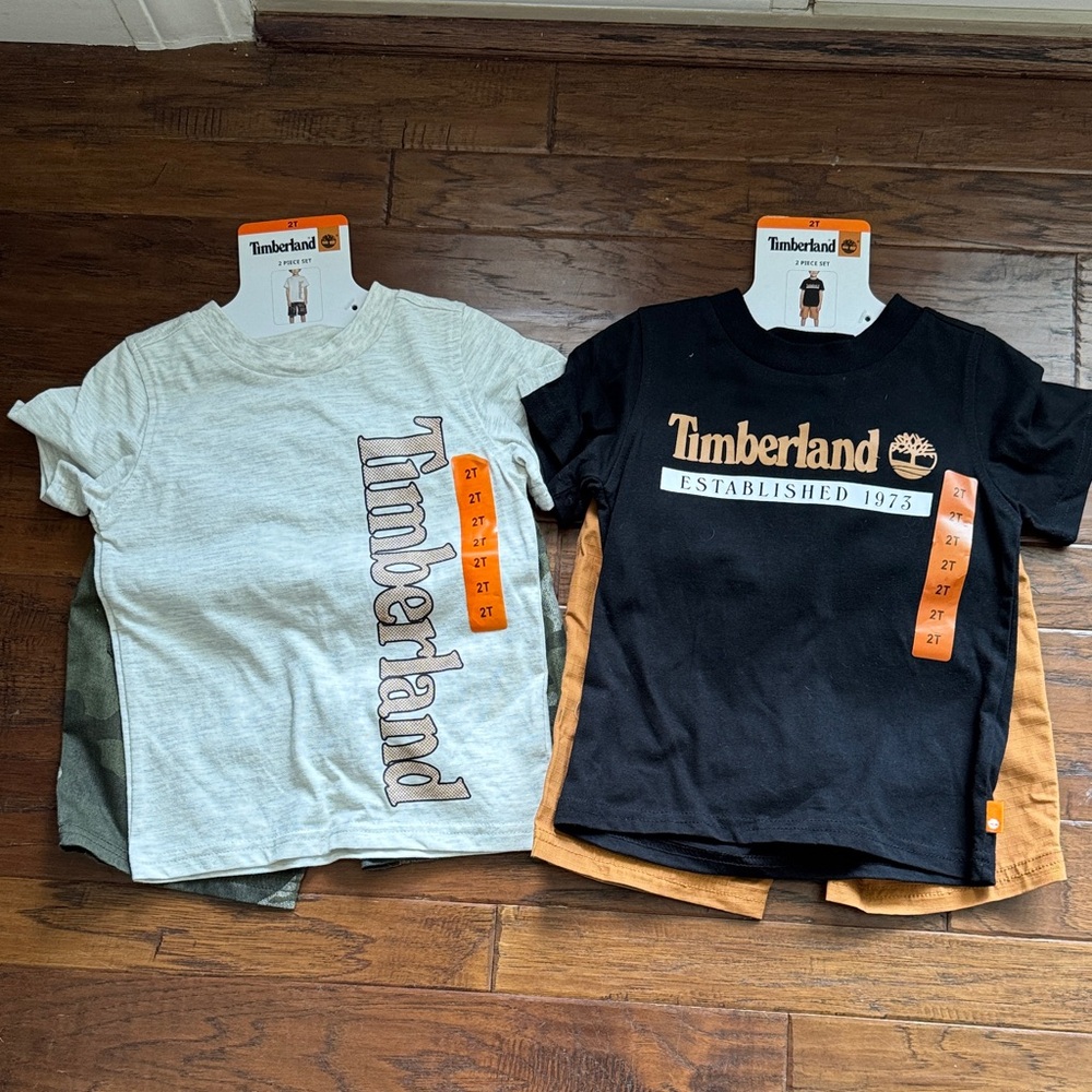 Timberland Kids' Black and Light Gray Tee and Shorts set.